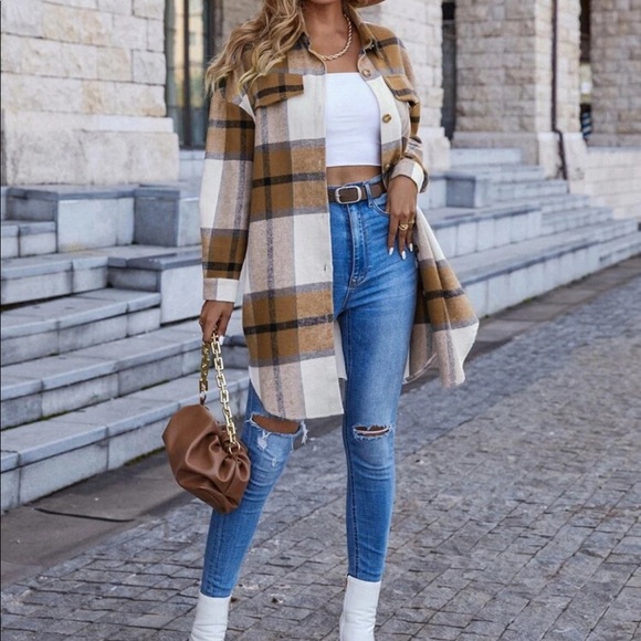 Tan white plaid button down overcoat jacket - Picture 6 of 16